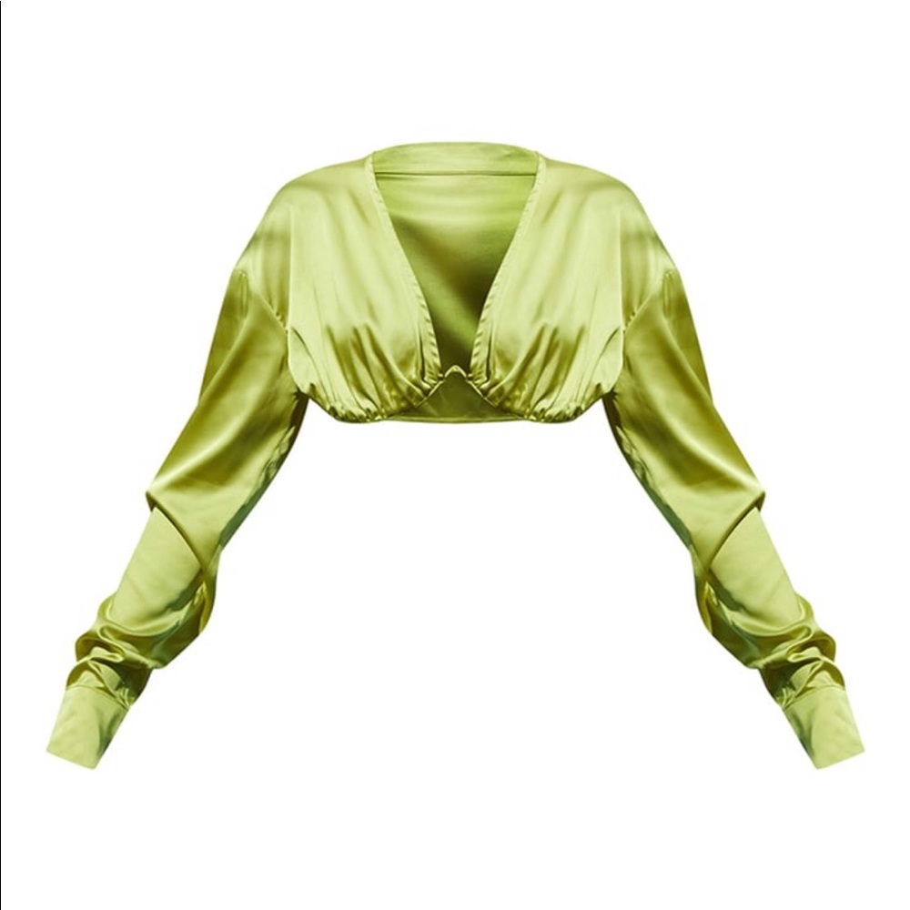New pastel lime satin v wire under bust cropped shirt